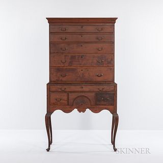 American Queen Anne Cherrywood Flat-top Highboy, Connecticut, c. 1760, upper section with five drawers, lower section with four drawers