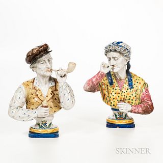 Two Faience Pottery Character Busts, France, 19th century, each polychrome enameled, one depicting a man smoking a pipe; the other a fe