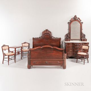 Six-piece Assembled Bedroom Suite, 19th century, Victorian walnut bed, ht. 62, wd. 62, lg. 70 1/2; English side table with inlaid brass