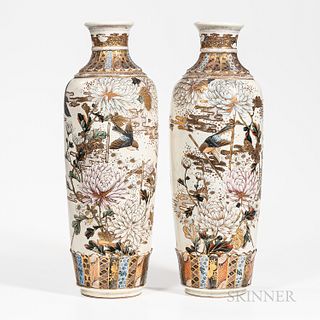 Pair of Tall Satsuma Moriage Vases, Japan, 20th century, elongated oviform with waisted neck and rolled mouth rim, decorated with chrys