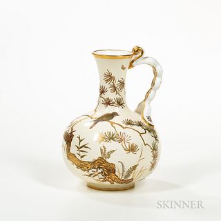 Mintons Porcelain Jug, England, late 19th century, buff ground with enameled and gilded decoration of a bird perched on a tree branch,