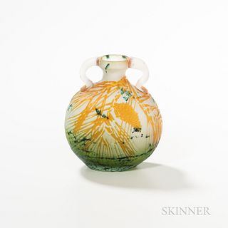 GallÃ© Cameo Glass Vase, France, after 1904, jug-form with two loop handles, decorated with pine cone and branch in ochre on green and f