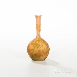 GallÃ© Cameo Glass Vase, France, early 20th century, oval flask form with bronze green floral umbels on pale rose ground, marked "GallÃ©,