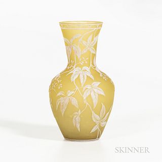 Thomas Webb & Sons Cameo Glass Vase, England, 1895-1900, decorated with fruiting vine in white and rose on citron ground, mark in banne