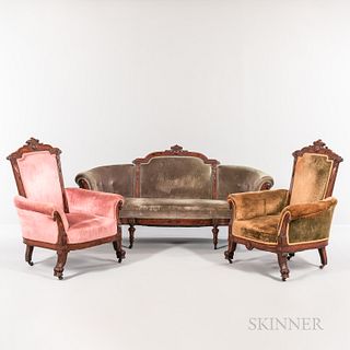 Seven-piece Suite of American Renaissance Revival Seating, c. 1870, each with carved and incised frame terminating on shaped legs and c