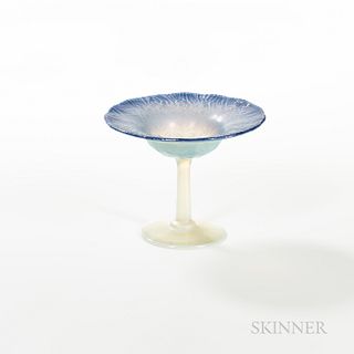 Tiffany Blue Feather Compote, New York, early 20th century, shaded blue bowl set on transparent stem and base, polished pontil, incised
