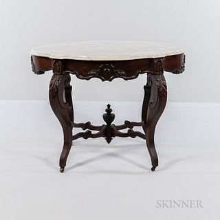Victorian Walnut Marble-top Occasional Table, 19th century, white marble with gray striations, foliate carving to legs terminating in c