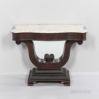 Victorian Walnut Marble-top Pier Table, America, 19th century, white marble with heavy gray striations, scrolled stand, ht. 31, lg. 39