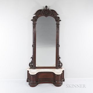 Victorian Walnut Pier Mirror, 19th century, carved floral detail in top crest, Corinthian capitals crowning floral carved pillars, ht.