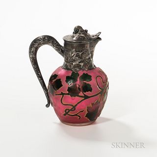 Daum Nancy Silver-mounted Cameo Glass Pitcher, Nancy, France, early 20th century, vasiform glass base decorated with dark purple grapes