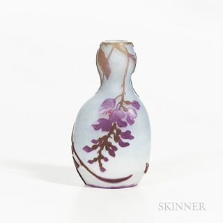 Legras Cameo Glass Vase, France, early 20th century, bottle form with wisteria flowers and vine in lavender on frosted ground, cameo ma