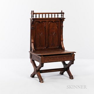 Victorian Walnut Bench Seat, 19th century, bannister crest above two molded recessed panels with central carving, hinged lift seat set