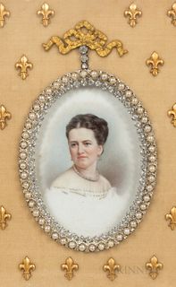 Miniature Portrait of a Woman on Porcelain, set in a rectangular brass frame with crown and floral festoons, medallion lg. approx. 3; f