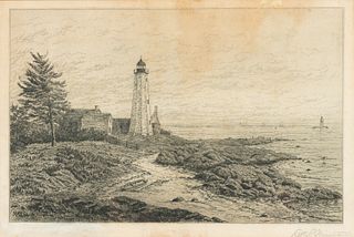 Robert R. Wiseman (American, active 1877-1882), Two Framed Etchings: Railroad Bridge and Lighthouse on the Shore, Both signed "Robert R