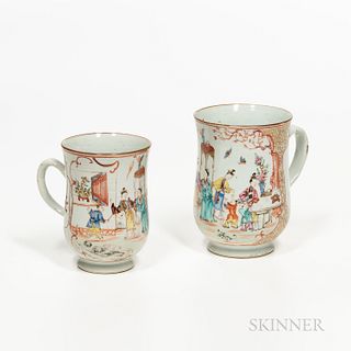 Two Famille Rose Export Porcelain Tankards, China, 18th/19th century, slightly waisted, resting on a short splayed foot, decorated with