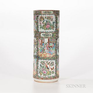 Rose Medallion Umbrella Stand, China, 19th/20th century, the ribbed body decorated with interior scenes and bird-and-flower designs, ea