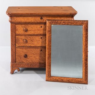 Empire Tiger Maple Veneered Chest of Drawers with Mirror, four long drawers, two drilled holes at top for mirror support, ht. 39, wd. 4