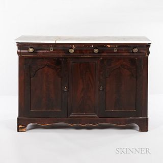 Empire Marble-top Sideboard, America, c. 1840, white marble with gray striations, two drawers over two doors, ht. 39, wd. 57 1/2, dp. 2