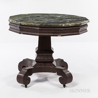 Empire Walnut and Walnut Veneered Marble-top Table, 19th century, twelve-sided green marble-top, scrolled feet terminating in casters,