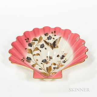 Thomas Webb-style Queen's Burmeseware Dish, England, late 19th century, shell-form decorated with floral spray and butterfly in raised