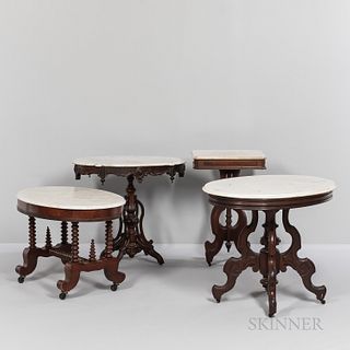 Four Victorian Walnut Marble-top Tables, white marble with gray striations, three on casters; including a side table, ht. 31, lg. 20 1/