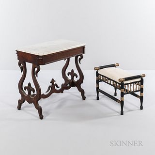 Victorian Walnut Marble-top Table and Painted Stool, white marble with grey striations, ht. 27 1/2, lg. 29 1/2, wd. 17, and wooden stoo