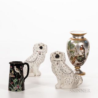 Four Victorian Pottery Items, 19th century, a black-glazed pitcher enamel decorated with birds and flowers, ht. 7 3/4; a platinum groun
