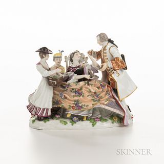 Meissen Porcelain Figural Group, Germany, late 19th century, polychrome enameled and gilded, underglaze crossed swords mark, ht. 8 1/8