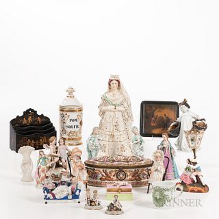 Twenty Mostly Porcelain Decorative Items, Europe/Continent, including a Staffordshire figure of Queen of England, ht. 17; Paris porcela