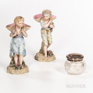 Three Decorative Ceramic and Glass Items, a pair of polychromed bisque figures of children holding baskets, ht. 13 1/4; and a silver-to