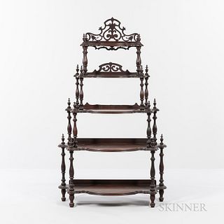 Victorian Walnut Ã‰tagÃ¨re, America, 19th century, pyramidal shape with five shelves on turned wood supports, pierced carving on top two