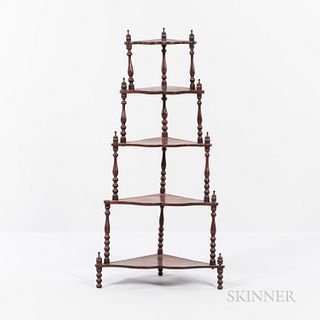 Victorian Walnut Corner Ã‰tagÃ¨re, 19th century, pyramidal shape with five scalloped shelves on turned wood supports, ht. 51 1/2, wd. 26,