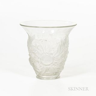 Verlys Glass Vase, Newark, Ohio, c. 1940, molded chalice form decorated with stylized flowers, ht. 8 3/4, dia. 9 in. Provenance: A New