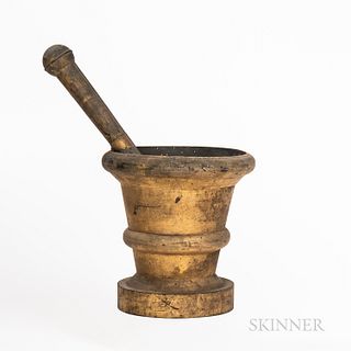 Gold-painted Tin Apothecary Sign, modeled as a mortar and pestle, overall approx. ht. 20 3/4 in. Provenance: Townshend Collection.