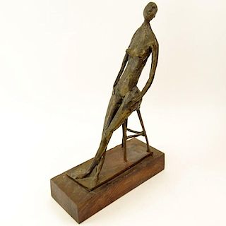 Modern Giacometti Style Bronze Sculpture on Wood Base