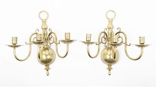 Pair of Dutch Brass Three-Light Sconces Height 16 inches.