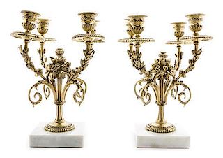 A Pair of Gilt Bronze Four-Light Candelabra Height 11 inches.