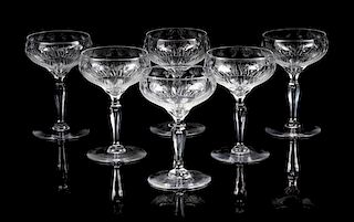 A Set of Ten Etched Glass Champagne Coupes. Height 5 1/2 inches.