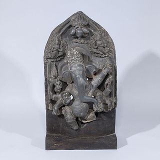 Heavy Antique Indian Ganesha Stone Wall Carving