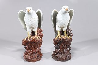 Pair Of Chinese Enameled Porcelain Hawk Statues