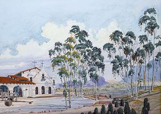 California Mission San Antonio Eucalyptus Watercolor c1920s