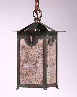 A&C Hammered Copper & Mica Hanging Pendant Lantern c1910