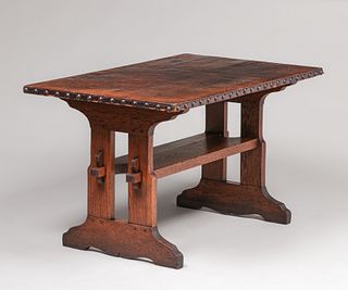 Gustav Stickley Leather-Top Trestle Table c1902