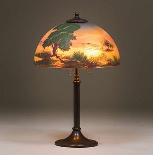 Arts & Crafts Obverse Painted Scenic Lamp c1915