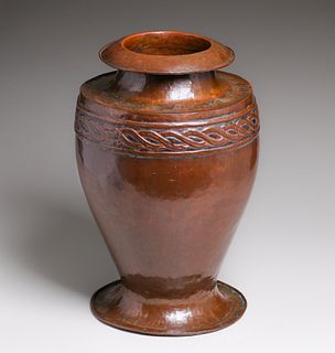 Large Arts & Crafts Hammered Copper Floor Vase c1910s