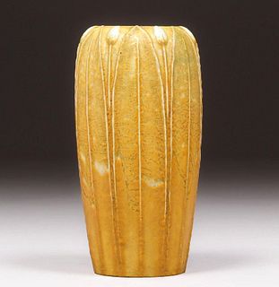 Grueby Pottery Matte Mustard Two-Color Vase c1905