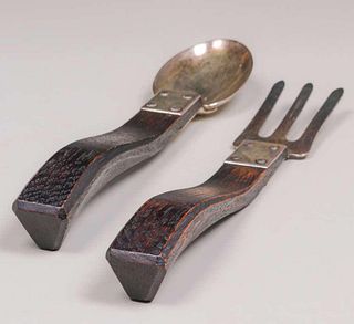 Charles Rohlfs Oak & Silver Plated Hammered Copper Salad Set c1905