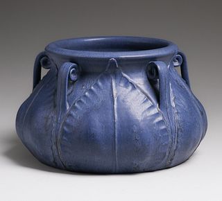 Large Ephraim Pottery Kevin Hicks Matte Blue Handled Squat Vase c2000s