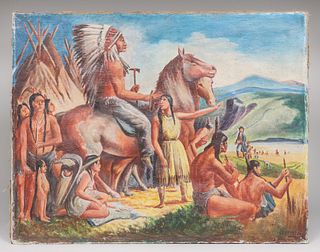 Antique Lewis & Clark Sacagawea Painting c1910