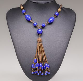 Unusual Cobalt Bead Long Gold Threaded Necklace c1920s